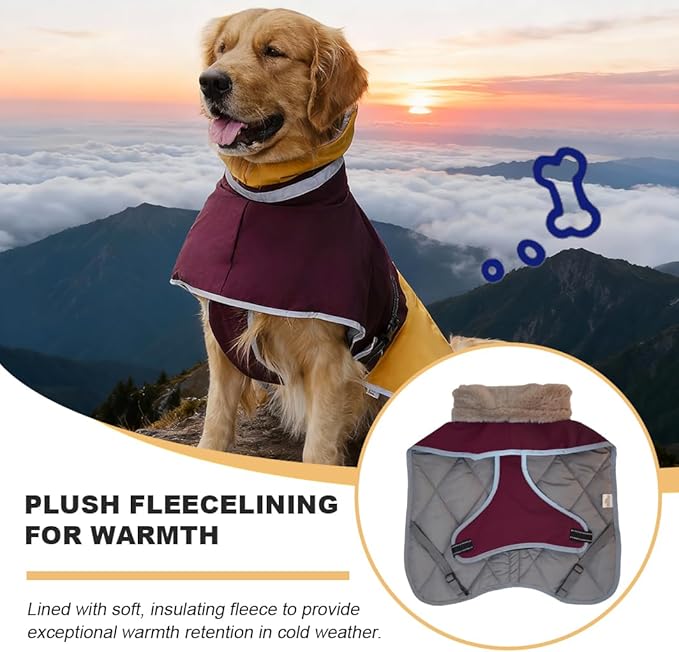 Waterproof Dog Winter Coat, Reflective Turtleneck Fleece Jacket with Snow Protection for Large Dogs, Cold Weather Pet Clothing (Yellow, XL)