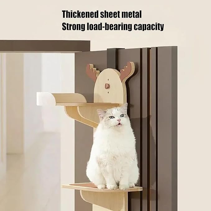 4-Tier Door Hanging Cat Tree, Overhead Hanging Tree Climber Hanger Cat Shelf Door Mounted Pet Climbing Shelves Wall for Cat House, Pet Shops (Light Wood+Brown)