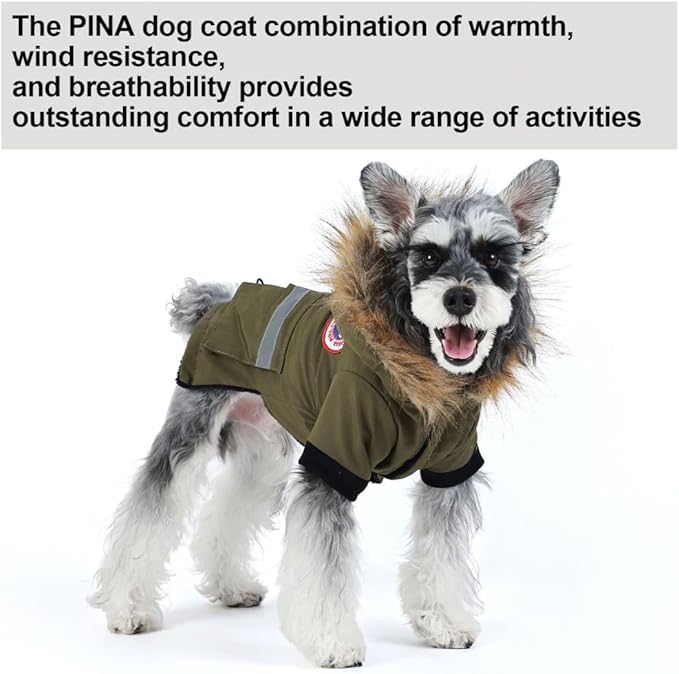 PINA Dog Coats for Small Dogs, Waterproof & Windproof Reflective Dog Jacket with Pocket, Warm Dog Cold Weather Coat with Flannel Lining & Faux Fur Hood