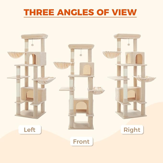 PEQULTI 66" Cat Tree for Indoor Cats, Tall Cat Tower for Large Cats with Scratching Post, Super Large Metal Hammock and 2 Big Condos, Beige