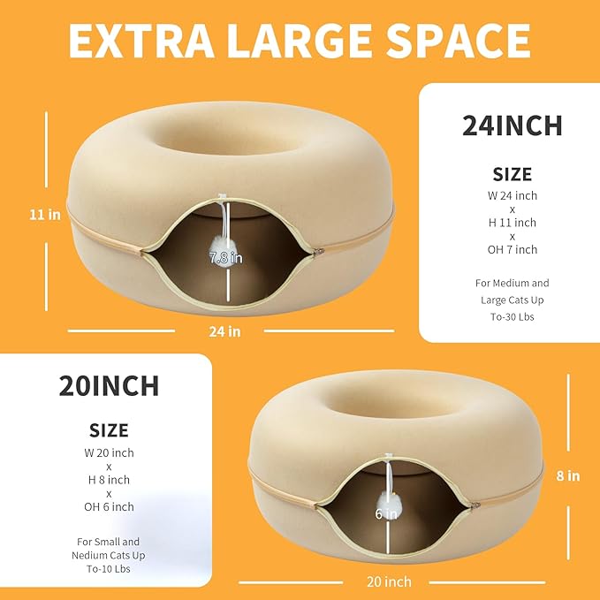 Peekaboo Cat Tunnel for Large Cats up to 30 lbs, Features A Jingle Ball, Removable and Washable Tunnel Bed, and a Cozy Donut Tunnel (Beige, 24 Inches)