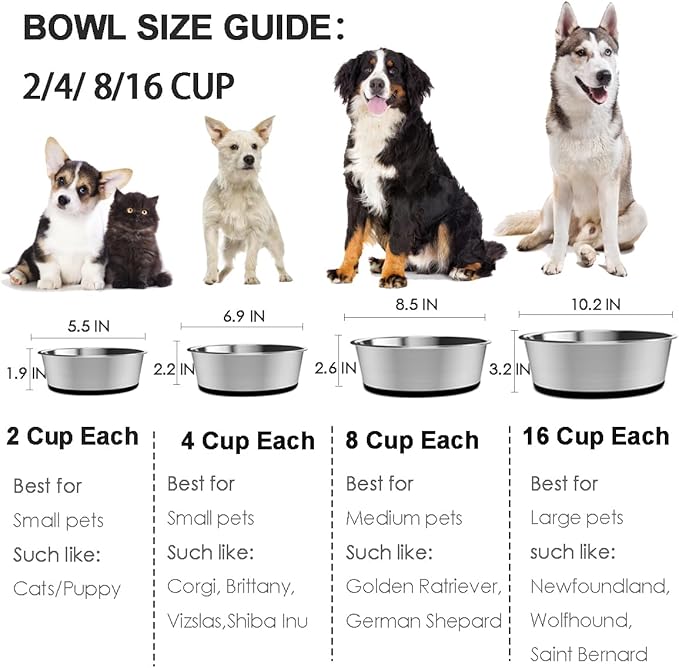 Deep Stainless Steel Non-Skid Dog and Food Bowls, Each Holds Up to 4 Cups, Set of 2 Packs(6.9 x 2.2 Inches)