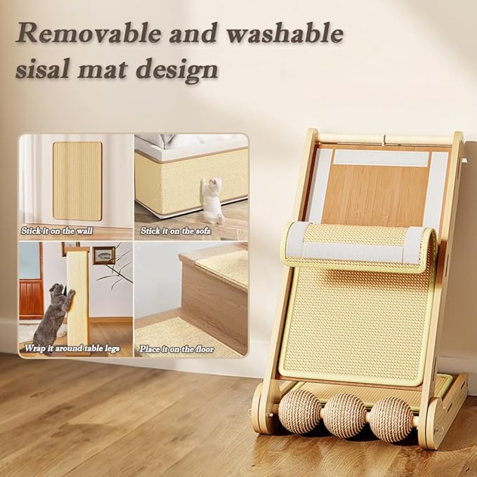 L Shaped Cat Scratching Post with Ball Toys, Sisal & Wooden Base Cat Scratcher Ramp for Indoor Cats, 23.6" Tall Durable Cat Scratch Pad for Wall and Couch Protection (Natural)