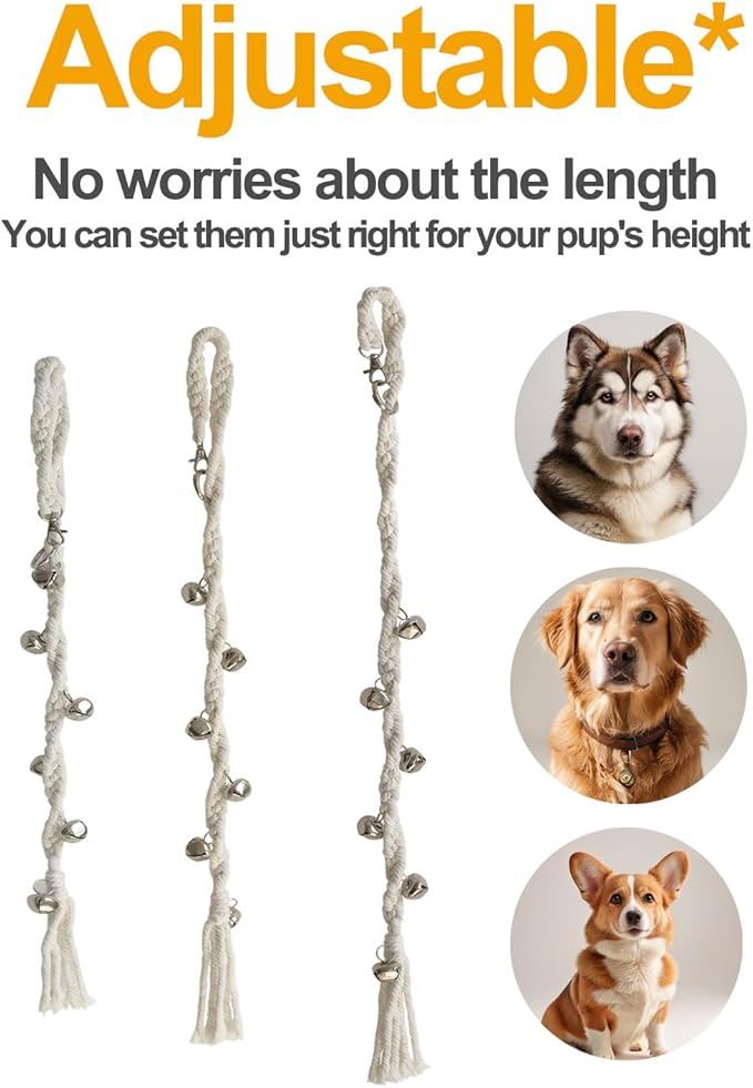 Dog Door Bell to Go Outside Puppy Door Bells for Potty Training Adjustable Puppy Doorbell, Outdoor or Indoor Dog Bells for Large and Small Dogs Handmade Boho Dog Bell Beige (Silver Bell)