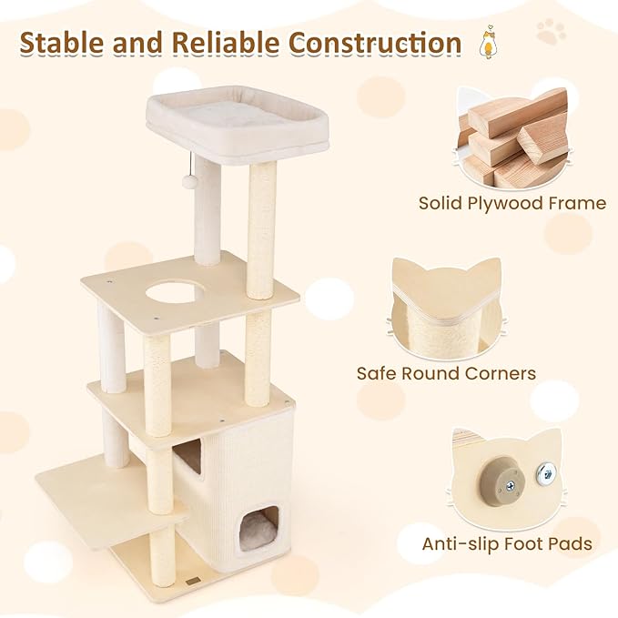 PETSITE 63 Inches Wooden Cat Tree, Multi-Level Modern Cat Tree with Sisal Scratching Posts, Two-Story Condo Covered with Sisal Exterior, Dangling Ball, Large Top Perch, and Playful Hole