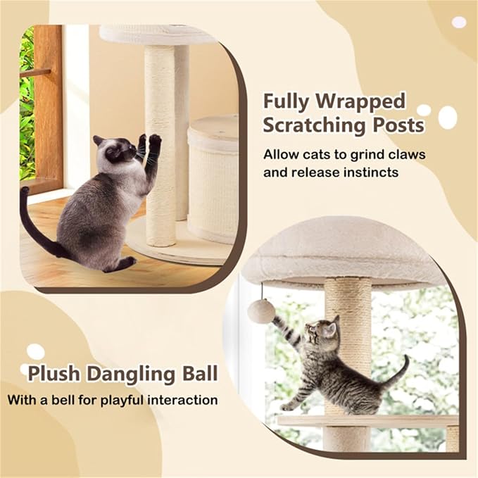 60" Tall Wood Cat Tree Tower with 2 Condos & Top Perch, Cat Tree for Indoor Cats Large Adult, Modern Cat Tree Tower for Large Cats with Sisal Scratching Posts