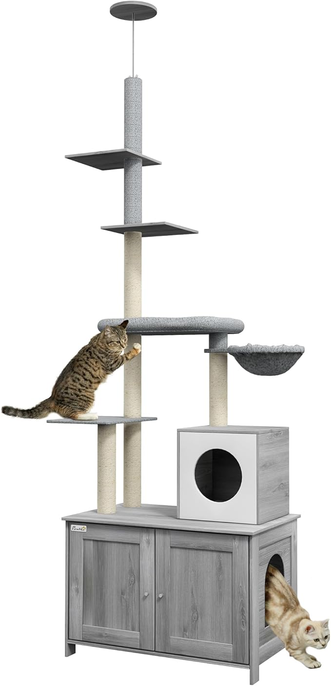PawHut Cat Tree with Litter Box Enclosure, 2 in 1 Floor to Ceiling Cat Tower Litter Box Furniture with Condo, Bed, Hammock, Scratching Posts, and Platforms for Indoor Use, Gray