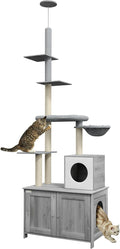 PawHut Cat Tree with Litter Box Enclosure, 2 in 1 Floor to Ceiling Cat Tower Litter Box Furniture with Condo, Bed, Hammock, Scratching Posts, and Platforms for Indoor Use, Gray