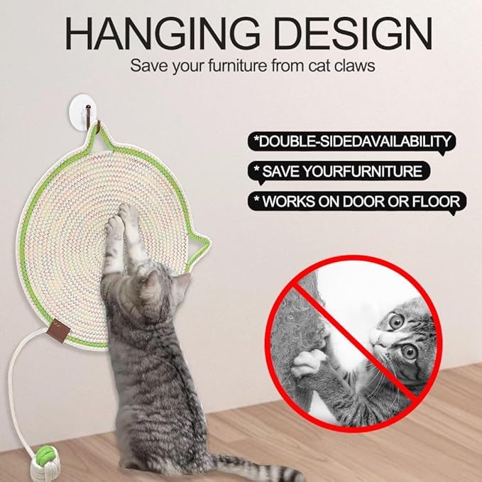 Personalized Cat Scratcher Mat, Customized with Name Text Natural Cotton Rope Round Horizontal Cat Scratching Pads with Ball Toy, Cat Furniture Protector for Wall, Couch, Carpets, Sofa (Green)