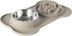 Gibson Home Curious Canines Slow Feeder Dog Bowl Set, 16” Bone Shaped Double Bowl, Silicone Base with Stainless Steel Insert, Anti-Gulp Feeding, Dishwasher Safe, Taupe