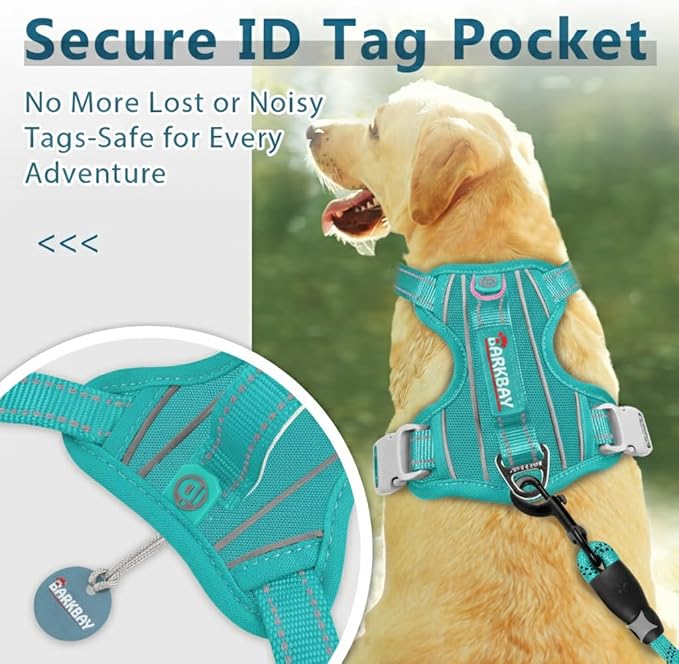 BARKBAY Dog Harness No Pull Oxford with ID Tag Pocket - Heavy Duty, Reflective, Easy Control for Large Dogs(Aqua Oxford,M)
