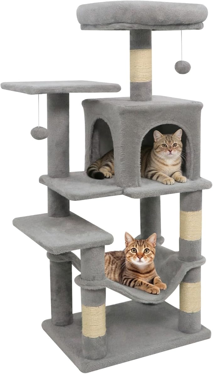 Tangkula Cat Tree Tower, 44 Inch Multi-Level Cat Tower with Sisal Scratching Posts, 2-Door Condo, Padded Top Perch & Hammock, 2 Hanging Balls, Jumping Platforms for Indoor Cats (Light Gray)