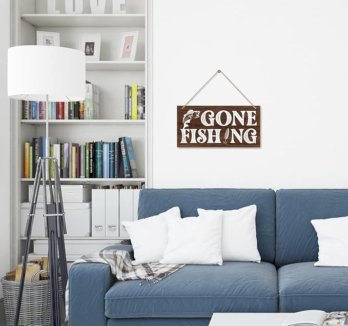 Funny Gone Fishing Wood Decor Sign, Hanging Printed Wooden Plaque Decor, Rustic Home Decor Sign, Hanging Fishing Decor Sign, Gifts for Men, Rustic Farmhouse Wall Decor Sign 12x6 inch