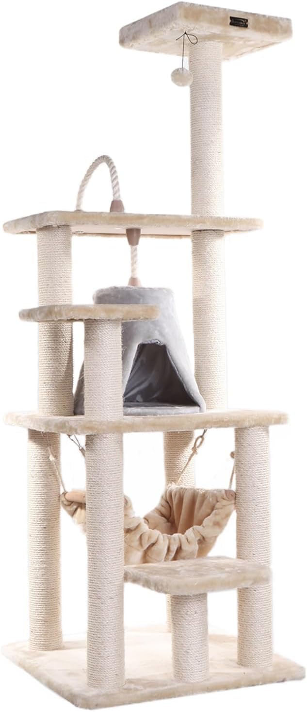 Cat Tree Tower with Hammock - Multi-Level Kitty Condo, Scratching Posts, Soft Faux Fur - 65" Tall
