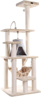 Cat Tree Tower with Hammock - Multi-Level Kitty Condo, Scratching Posts, Soft Faux Fur - 65" Tall