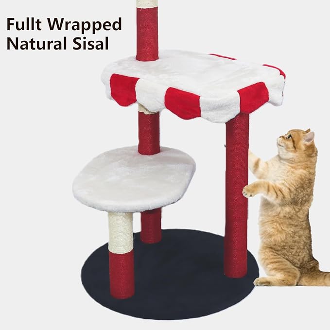 3-Tier Cat Tree, Modern Senior Friendly Cat Tower with Wide Shelves, Scratching Posts, Super Sturdy Base, Cozy Perches, and Interactive Toys for Indoor Kittens, 44.5'' Red & White