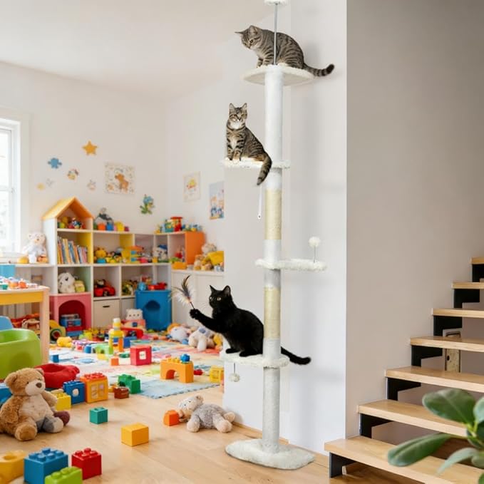 Floor-to-Ceiling Cat Tree, White, 19x12.5x100.5 Inches, All Breed Sizes, Climbing and Cuddling, Particle Board with Sisal, Floor Mount
