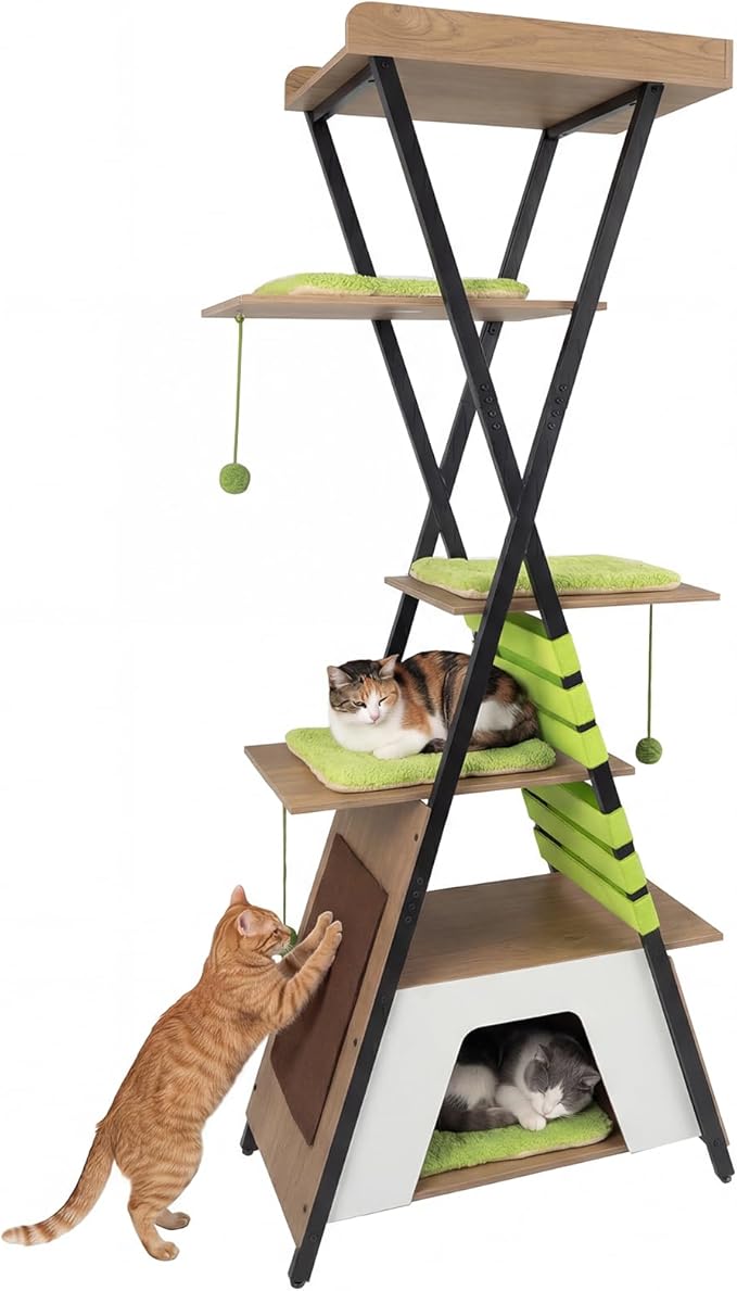 PETSITE 73-inch Tall Modern Cat Tree, Multi-Level Wooden Cat Tower with Scratching Pad, Multiple Platforms with Soft Removable Pads, Condo, and 3 Dangling Balls, Ideal for Indoor Cats (Natural)