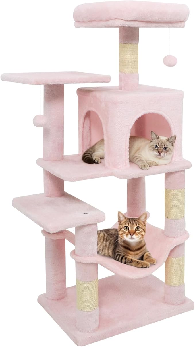 Tangkula Pink Cat Tree, 44 Inch Multi-Level Cat Tower with Sisal Scratching Posts, 2-Door Condo, Padded Top Perch & Hammock, 2 Hanging Balls, Jumping Platforms for Indoor Cats (Pink)