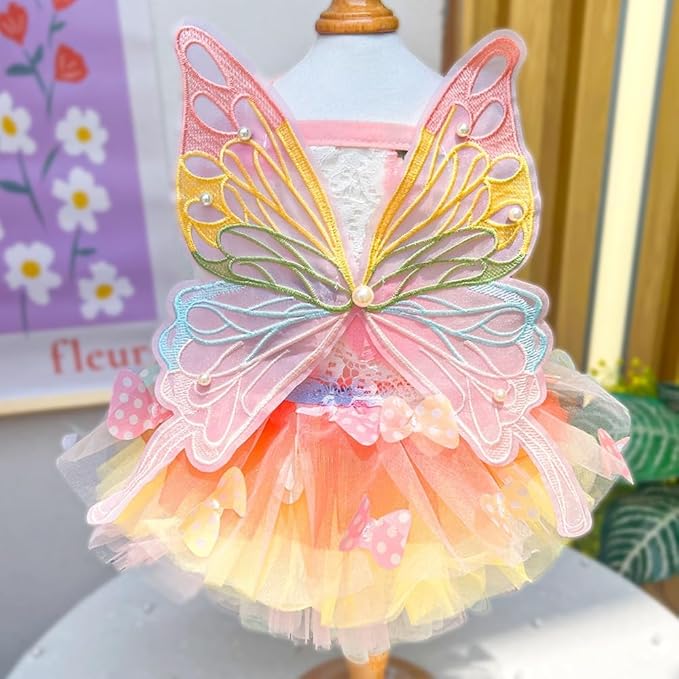 Dog Princess Dress,Summer Thin Cat Rainbow Butterfly Pettiskirt Cute Pet Clothes Chihuahua Teddy Dress Pet Supplies (L)