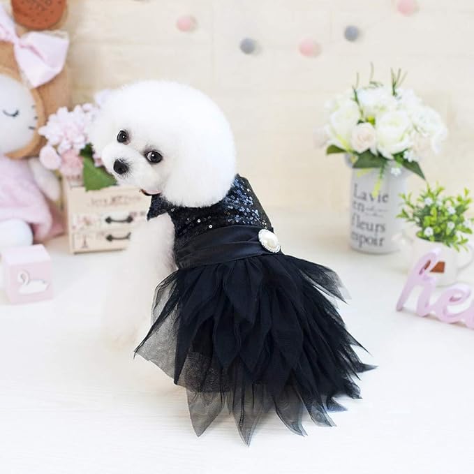Tangpan Beam Waist Christmas Pet Costume Dog Dance Skirt Satin Camp Party Dress(Black,L)