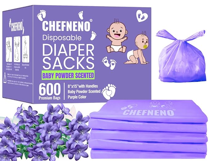 Baby Disposable Diaper Sacks (600 ct.) Fresh Baby Powder Scented, Easy-Tie Diaper Sacks Disposal Bulk Diaper Sacks Dog Poop Bags Cat Litter Waste Bags Sanitary Pads Disposal Bags (600 Bags, Purple)