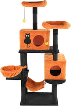 61" Halloween Cat Tree, Multi-Level Cat Tower with 2 Cat Condos, 2 Hammocks & Scratching Posts, Orange & Black Cat Activity Furniture for Large Cats