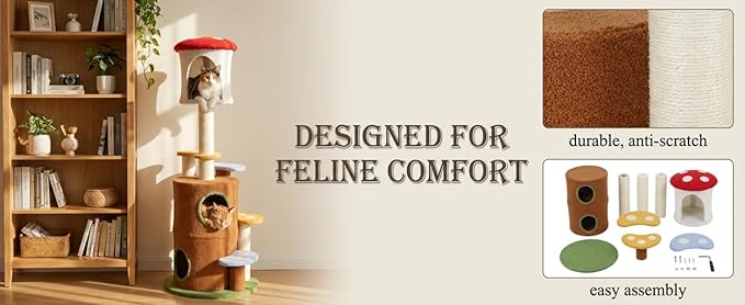 Mushroom Cat Tree with Large Condo Platform Ladder, Cat Tower with Play Holes, Cat Cave, Scratching Posts, Multi-Level Cat Furniture for Kittens/Cats