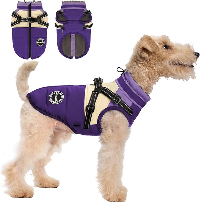 Winter Coat, Waterproof Jacket, Warm Turtleneck Fleece Vest With Built-in Harness, Reflective Snow Jacket Snowsuit for Small Medium Large Dogs, Purple L