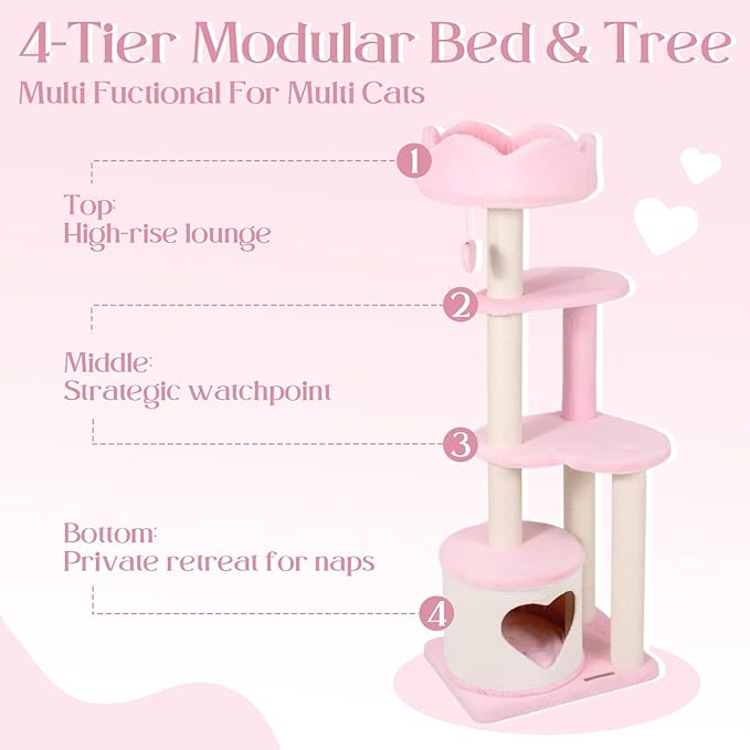 Happy & Polly Cat Tree for Cats, 52.8 Inches, All Breed Sizes, Climbing, Indoor, Wood and Sisal, Floor Mount, Modern