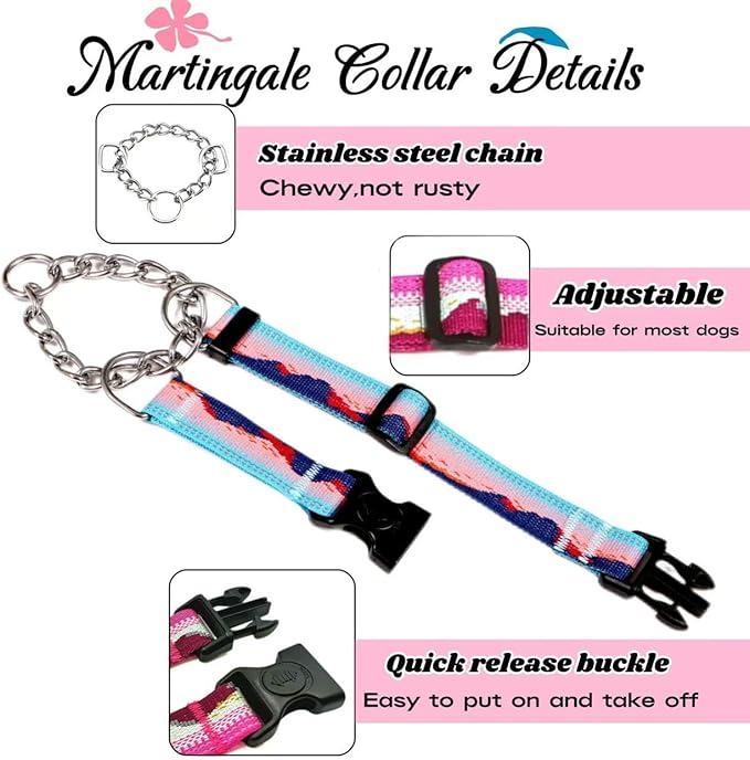 Martingale Dog Collars with Stainless Steel Chain, Reflective No Pull Walking Training Collar with Quick Release Buckle, Adjustable Slip Chain Nylon Dog Collars for Small Medium Large Dogs