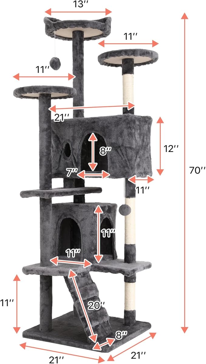 Cat Tree with Scratching Post,Cat Tower House for Indoor Large Adult Cats Kittens,21x21x70in Multi-Level Activity Cat Cando Furniture,Ashy
