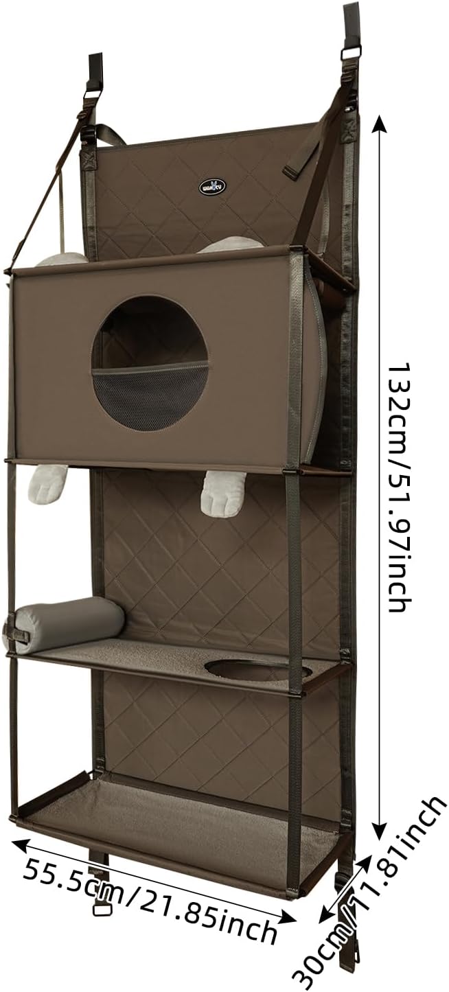 Door-Mounted Cat Tree Climber, 4-Tier Hanging Cat Tree with Removable Pillow & Toys, Space-Saving Cat Door-Hanging Climbing Hammock for Indoor Cats, Easy No-Drill Installation, Gray