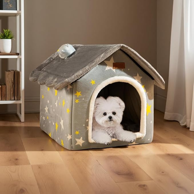 SEAHOME Foldable Dog House Kennel Bed Mat for Indoor Pets,Enclosed Warm Plush Sleeping Nest Bed with Removable Cushion,Covered Small Pet Condos Indoor Cat Hideaway (M, Grey)