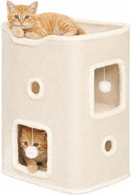 Cat House, Cat Beds for Indoor Cats, 2-Story Cat Condo Cube with Scratch Pad and Fluffy Ball Hanging, Multi-Level Cozy Hideout Center Ideal for Small/Medium Cats
