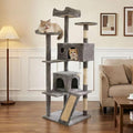 60.63in Cat Tree, Multi-Level Cat Tower with Spacious Kitten-Ear Perch, 2 Cozy Caves, Scratching Posts, Climbing Ladder, Durable Pet House Furniture for Indoor Kittens,Grey