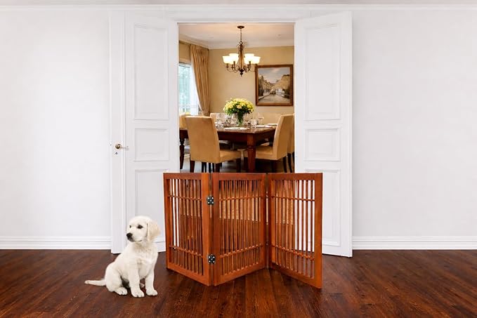 Urnporium Pet Dog Gate Freestanding, Strong Durable Folding Wooden Fence, Portable Acacia Hardwood Safety Barrier for Indoor & Outdoor Use (Brown Pet Gate, 3 Panel 24" Tall)