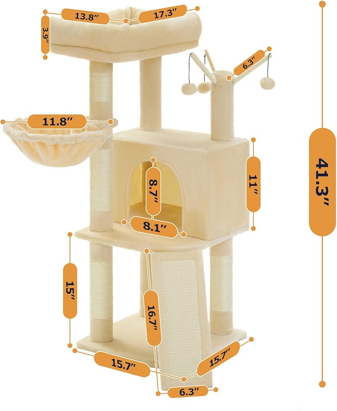 Cat Tree, Multi-Level Cat Tower for Indoor Cats, Cat Climbing Tree Condo with Sisal Covered Scratching Posts, Deep Hammock and Interactive Cat Toy, Beige