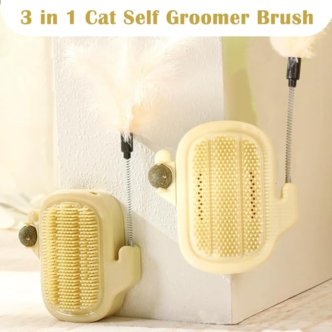 3-in-1 Cat Self Groomer Brush – Wall Corner Cat Scratch Pad with Catnip Ball & Feather Toy, Cactus-Style Wall Brush for Indoor Cats, Cats Massager & Face Scratchers for Fur Pets