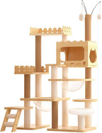 66.9” Wood Cat Tower with Sisal Scratching Post, Modern Cat Tree with 2 Acrylic Bowl, Cat Condo, Climbing Ladder & 3 Hanging Ball Toy, Multi-Level Cat Activity Center (66.9 inch)