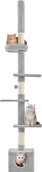 Yaheetech Cat Tree, Floor to Ceiling Cat Tower for Large Cats, 89-104.5in Height Adjustable Tall Climbing Tree w/Scratching Posts, Condo and Perches, Light Gray