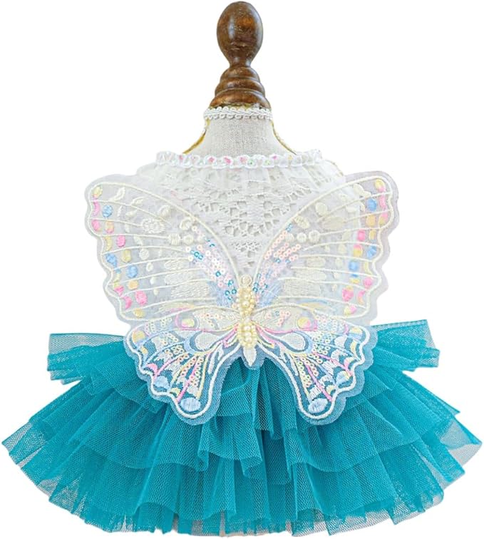 Fashion Sweet Puppy Dog Blingbling Princess Skirt Pet Dog Lace Cake Camisole Tutu Dress B-Blue XS