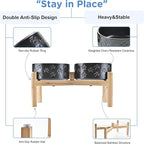 SPUNKYJUNKY Elevated Dog Bowls Ceramic, 7.3'' Dogs Food Water Bowls Raised with Non-Slip Bamboo Stand for Medium to Large Sized Breed Microwave Dishwasher Safe - 42 OZ,Paw Black