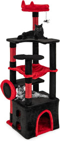 Tangkula Gothic Cat Tree, Halloween Cat Tower with Sisal Scratching Posts & Board, Spooky Bat-Shaped Platforms, Spider Toy, Devil Ear-Shaped Perch, Goth Cat Tree w/Large Hammock & Condo, Black & Red