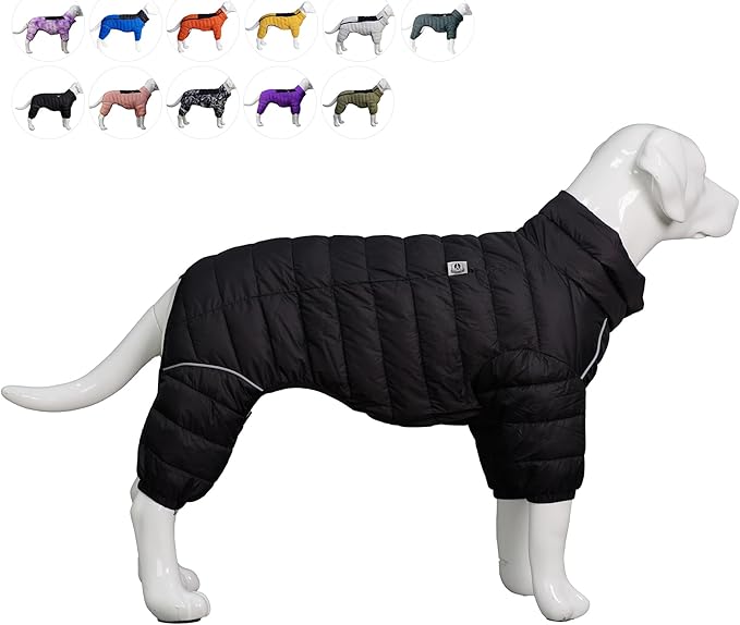 Warm Dog Coat, 4 Legs Covered Waterproof Windproof Reflective Vest, Zippered Adjustable Outdoor Snow Jacket for Small Medium Large Dogs, Black S