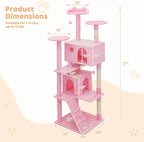 Tall Cat Tree with Scratching Post, 2 Cat Condos and Ladder, Cat Tower for Indoor Cats Kittens Climbing Tower with Anti-Tipping Rope, 77 Inch, Soft Pink