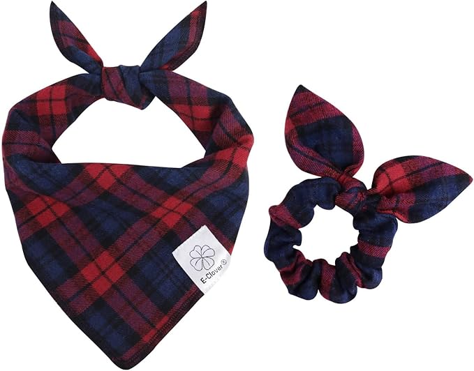 E-Clover Red Dog Bandanas & Matching Scrunchie Set Plaid Dog Scarf Bibs for Medium Large Dogs Girl Boy Pet Owner Gift Blue Valentine
