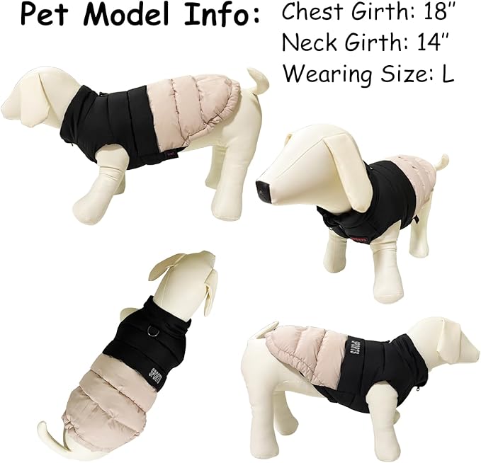 Dog Winter Puffer Jacket, Warm and Water-Resistant Coat with Leash Ring, Stylish Color Block Design for Small to Medium Dogs (Beige, X-Large)