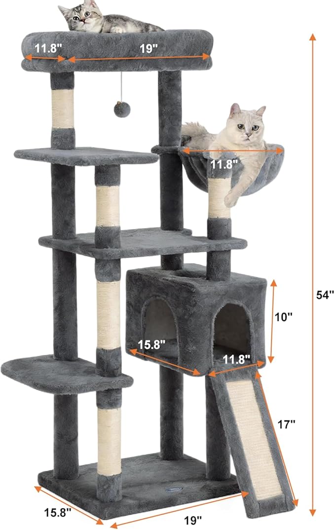 54 Inches Cat Tree, Tall Cat Tower with Hammock, Condo and Scratching Pad, Cat House with Plush Perch for Indoor Cats Adult