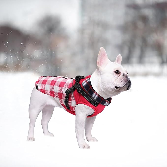 Dog Coat with Harness,Small Dog Winter Coat,Doggie Jackets with Built in Harness,Adjustable Warm Jacket for Medium Large Dogs,Pet Puppy Cold Weather Coats for Dogs Waterproof (PlaidPink, Small)